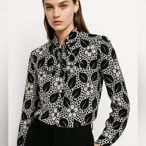 Vintage Black & White Blouse with Bow Detail